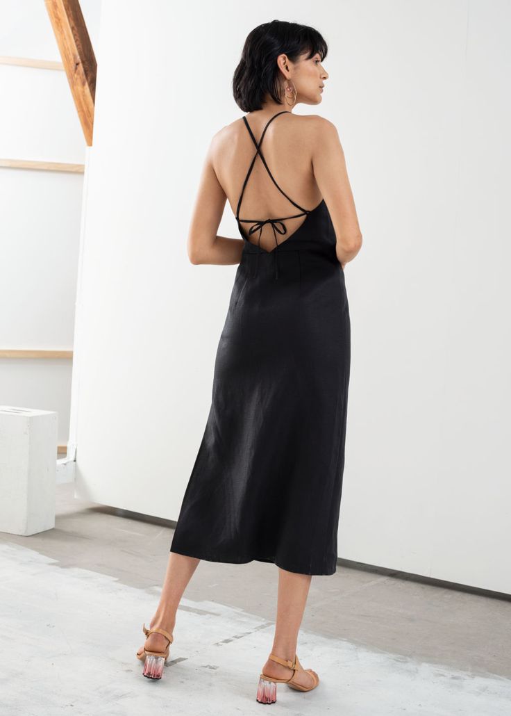 Criss Cross Linen Blend Midi Dress - Black - Midi dresses - & Other Stories Airy Dress, Open Backs, Summer Outfit Inspiration, French Women, Crochet Skirt, Window Shopping, Print Swimsuit, Black Midi, Fashion Story