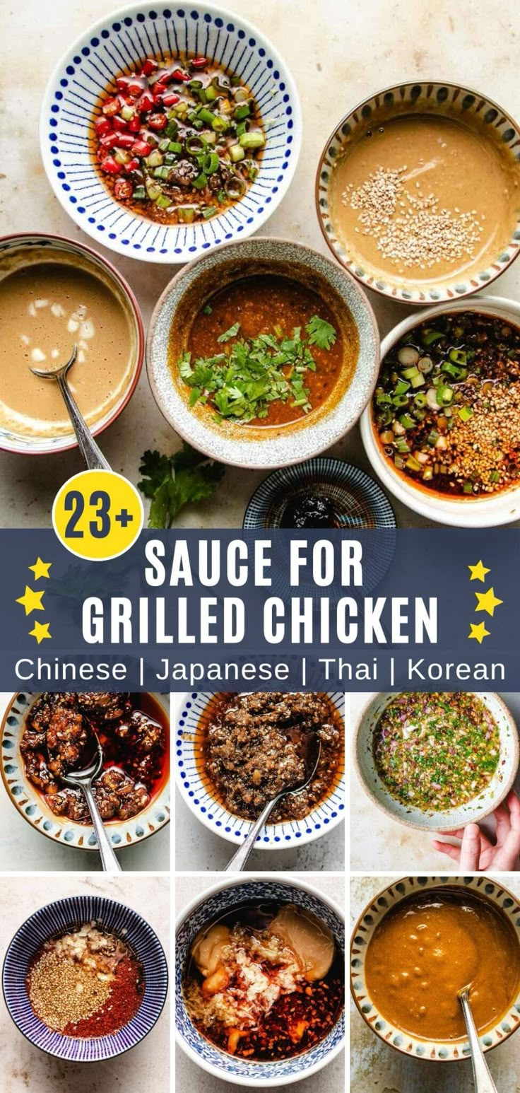 the cover of sauce for grilled chicken, with pictures of different bowls and spoons