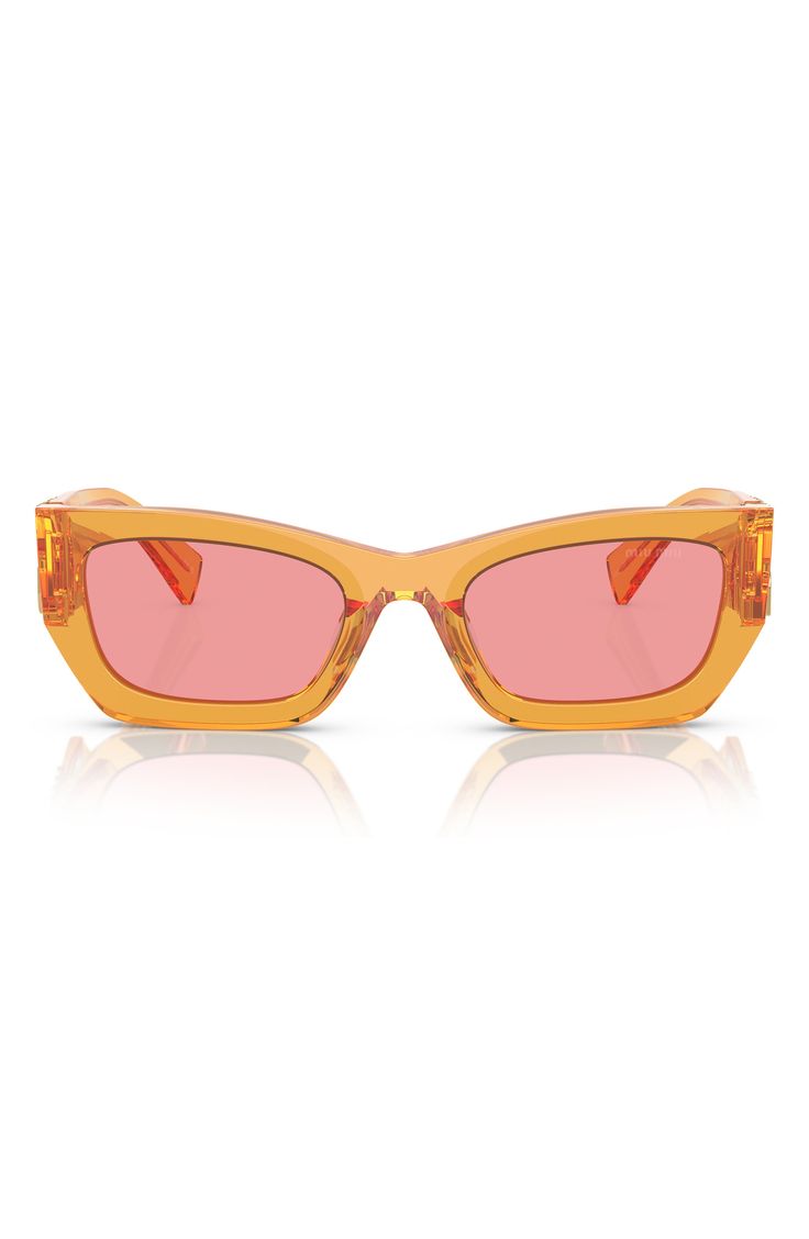 Bold rectangular frames with angular edges modernize the look of retro-inspired sunglasses finished with logo-accented temples. 53mm lens width; 22mm bridge width; 135mm temple length 100% UV protection Acetate Made in Italy Rectangular Orange Sunglasses With Gradient Lenses, Orange Rectangular Sunglasses With Gradient Lenses, Modern Orange Cat Eye Sunglasses With Mirrored Lenses, Modern Orange Rectangular Sunglasses, Modern Rectangular Cat Eye Sunglasses With Mirrored Lenses, Modern Rectangular Cat Eye Sunglasses With Uva Protection, Trendy Miu Miu Sunglasses For Summer, Miu Miu Square Frame Sunglasses With Gradient Lenses, Modern Rectangular Cat Eye Sunglasses With Uv Protection