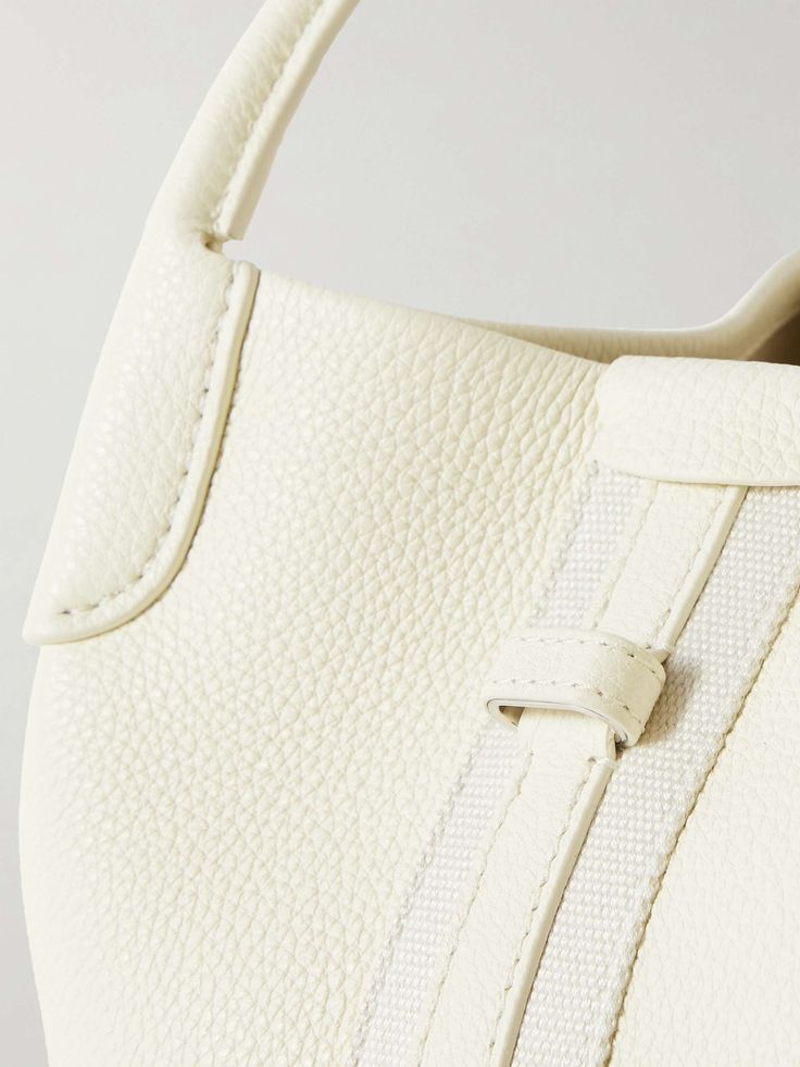 LORO PIANA Bale canvas-trimmed textured-leather tote High-end Leather Bag With Leather Trim, Modern White Epsom Leather Bag, White Leather Shoulder Bag With Leather Lining, White Timeless Epsom Leather Bag, White Calf Leather Shoulder Bag With Soft Leather, Tan Leather Shoulder Bag With Leather Trim, Timeless White Epsom Leather Bag, Luxury Grained Texture Shoulder Bag For Everyday, Luxury Cream Shoulder Bag With Leather Trim