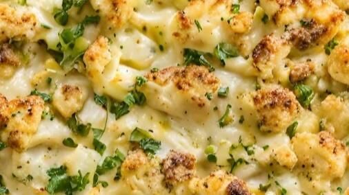 a close up view of some food with cheese and parsley on the top,