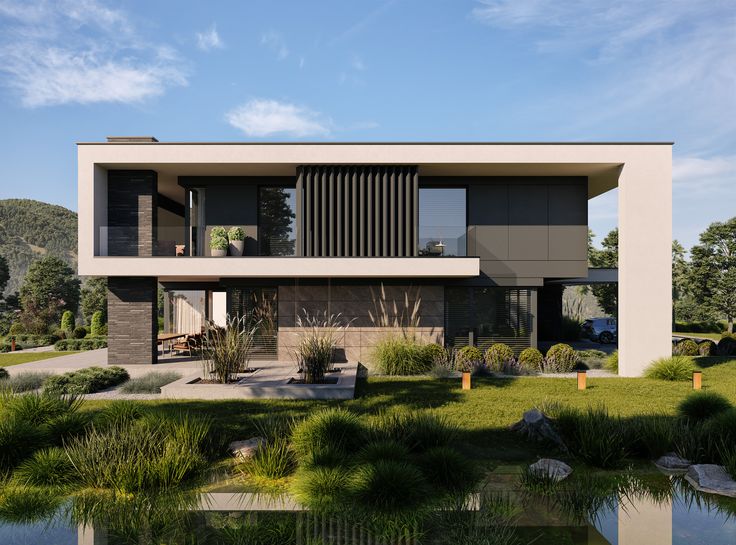 an architectural rendering of a modern house on the water's edge with grass and trees around it