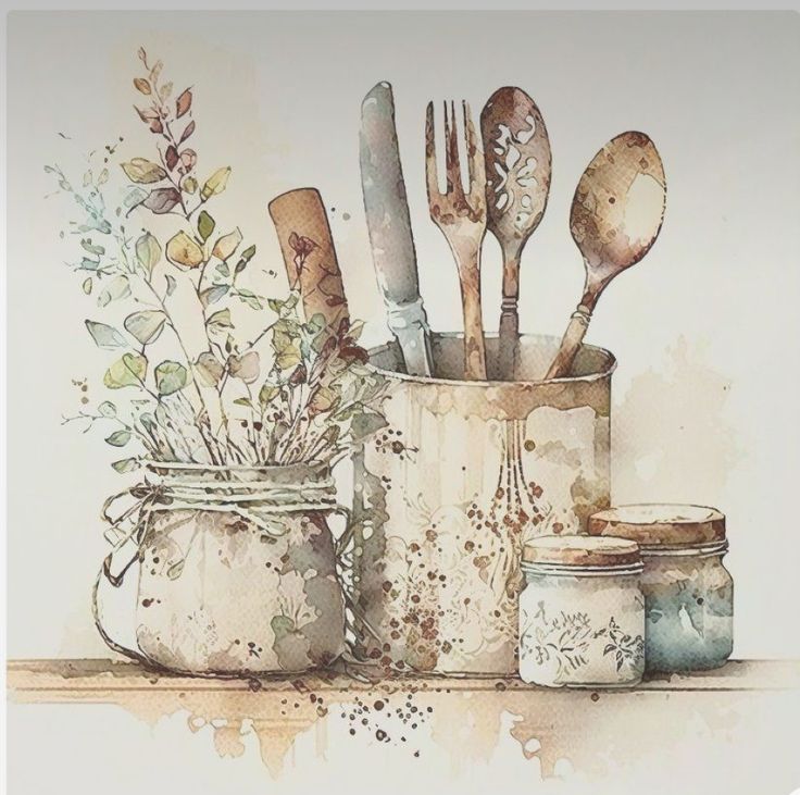 a painting of utensils and spoons in a mason jar with flowers on the side