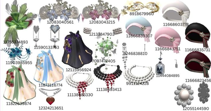 a bunch of different types of hats and necklaces with pearls on them, all in various colors