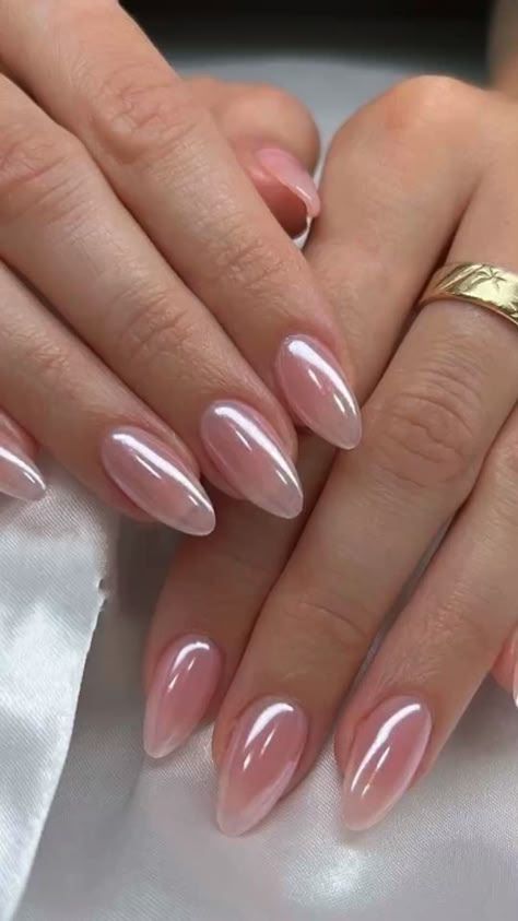 Simple Girly Nails Classy, Classy Girl Nail, Hoco Nails Chrome, Ombre French Nails Chrome, Hoco Nails Almond Shape, Medium Length Gel X Nails, Neutral Nails Oval Shape, Pink Chrome With Design, Neutral Clean Nails