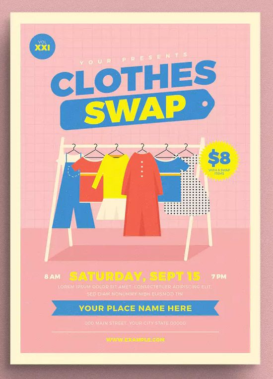 the flyer for clothes swap is shown in pink and blue colors, with an image of clothing