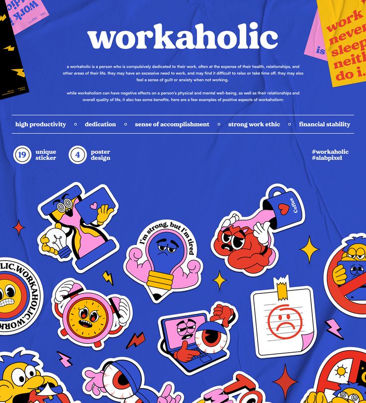 an image of stickers on the back of a blue shirt that says workaholic