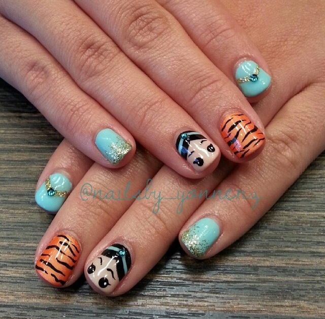 Disney Jasmine Nails, Jasmine Nail Art, Aladdin Nail Art, Jasmine Nails Disney, Disney Princess Themed Nails, Aladin Nails, Princess Nails Disney, Princess Jasmine Nails, Nails Design For Kids