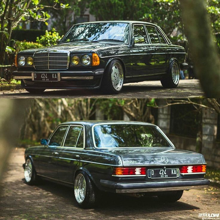 two pictures of an old and new mercedes benz w160 sedan parked side by side