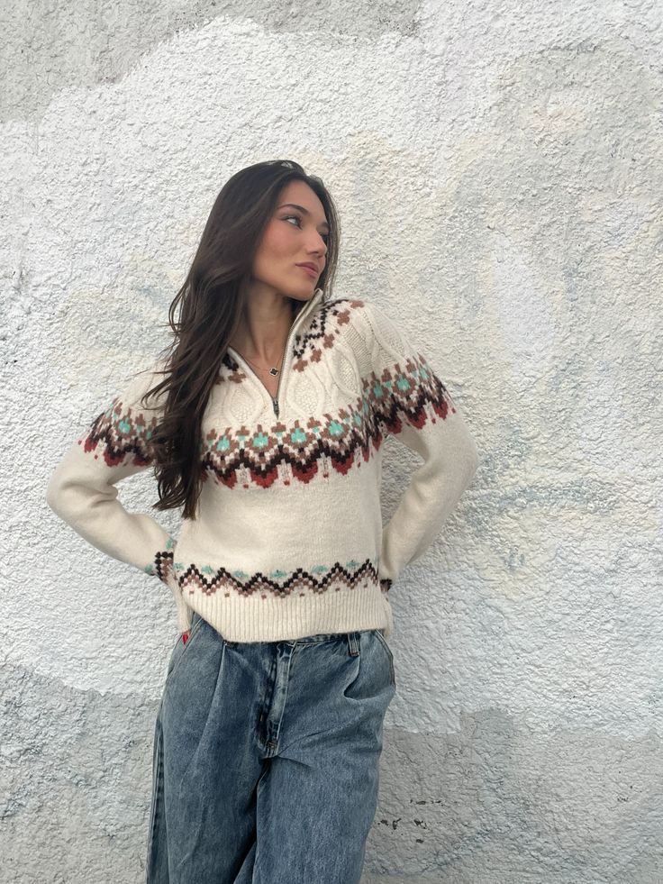 1/4 zip aztec print sweater Model wears size small; Runs true to size Aztec Print Sweater, Lulu Fashion, Half Zip Sweaters, Fair Isle Sweater, Day Of The Week, Printed Sweater, Zip Sweater, Fair Isle, Half Zip