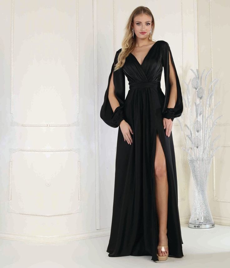 Prom Dresses Long With Sleeves Elegant, Black Full Sleeve Dress, Long Black Dress Formal, Satin Prom Dress Long, Black Bridal Dresses, Liquid Satin Dress, Black Dress Elegant, Split Sleeve Dress, Long Sleeve Bridesmaid Dress