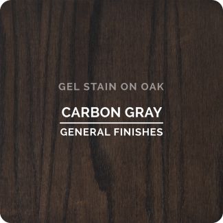 the label for carbon gray general finishes is shown in white lettering on a dark wood background