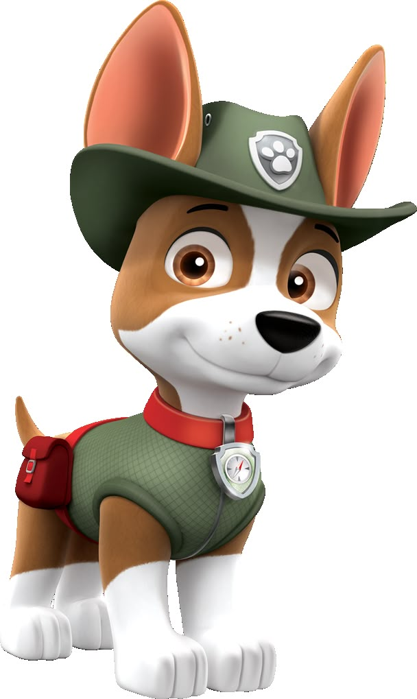 a cartoon dog wearing a fireman's hat and green shirt, standing in front of a white background