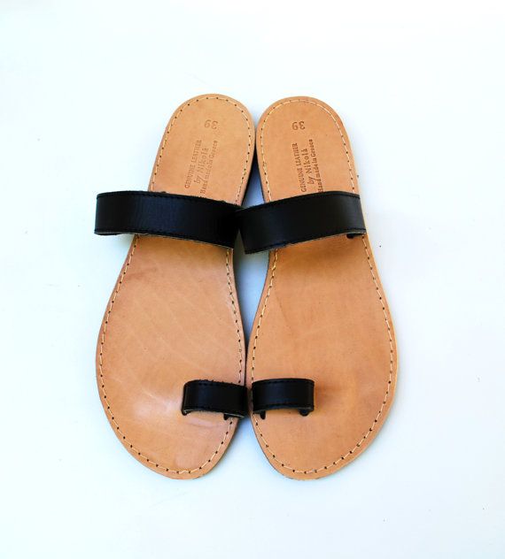 Toe ring black sandals leather beach flats for by NikolaSandals Female Palm Slippers, Black Slippers Flats, Black Flat Flip Flops For The Beach, Black Round Toe Flip Flops, Black Flat Heel Slippers For Beach, Black Leather Flat Toe Ring Sandals, Palm Slippers, Beach Flats, Black Non-slip Flat Flip Flops