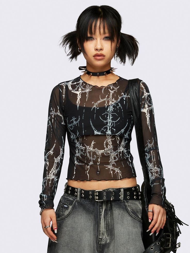 Looking for the perfect mesh top? Our Black Abstract Graphic Mesh Top delivers with Acubi flair, grunge attitude, and Gen X Soft Club edge. Shop now at Minga London! Mesh Shirt Outfit, Early 2000s Style, Plaid And Leopard, Mesh Crop Top, Mesh Shirt, Crop Top Sweatshirt, Knitted Tops, Grunge Style, Black Abstract