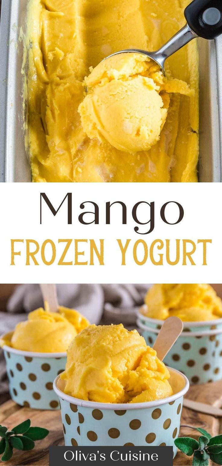 mango frozen yogurt in a blue bowl with a spoon