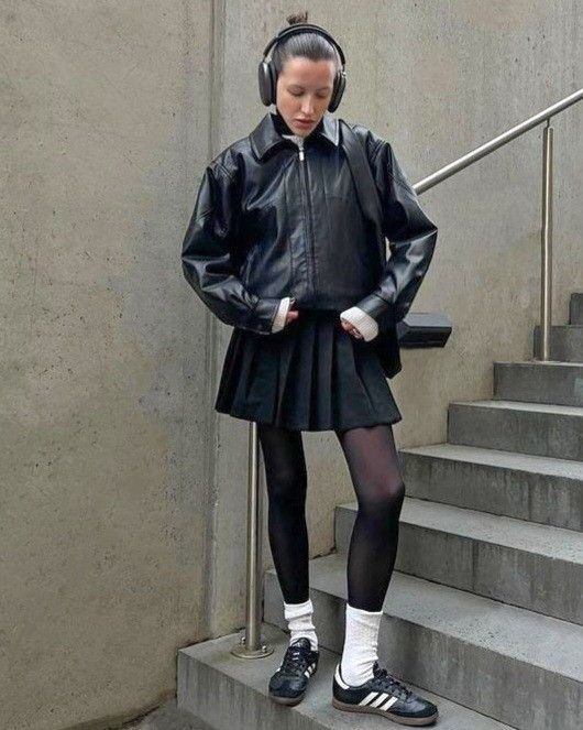 Skirt Outfits With Black Tights, Pantyhose With Socks Outfit, Sambas With Tights, Tights With Socks Outfit, White Samba Adidas Outfit Winter, Casual Tights Outfit, Styling Black Sambas, Stockings With Sneakers, Skirt Tights Outfit