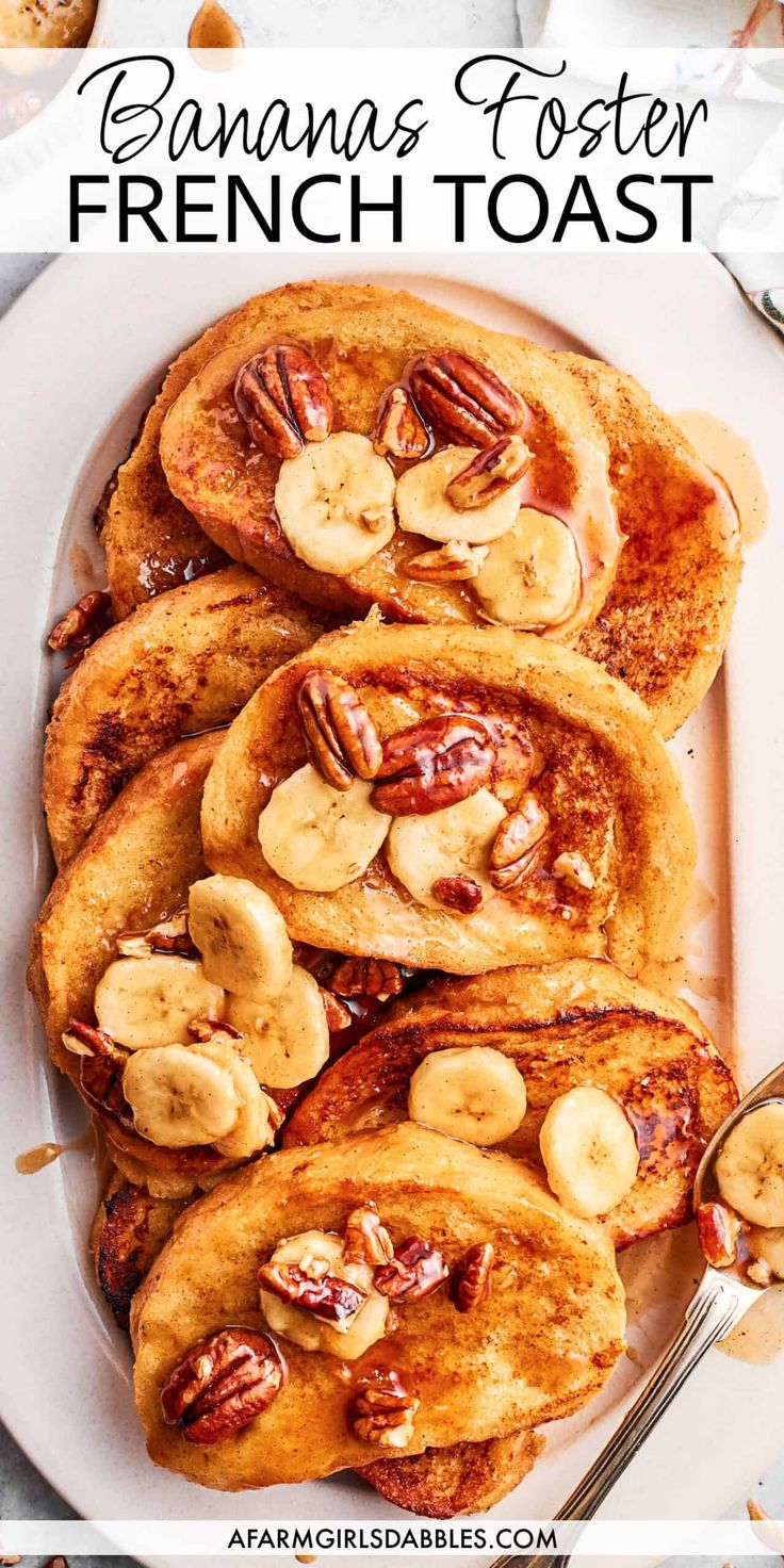 french toast with bananas and pecans on top