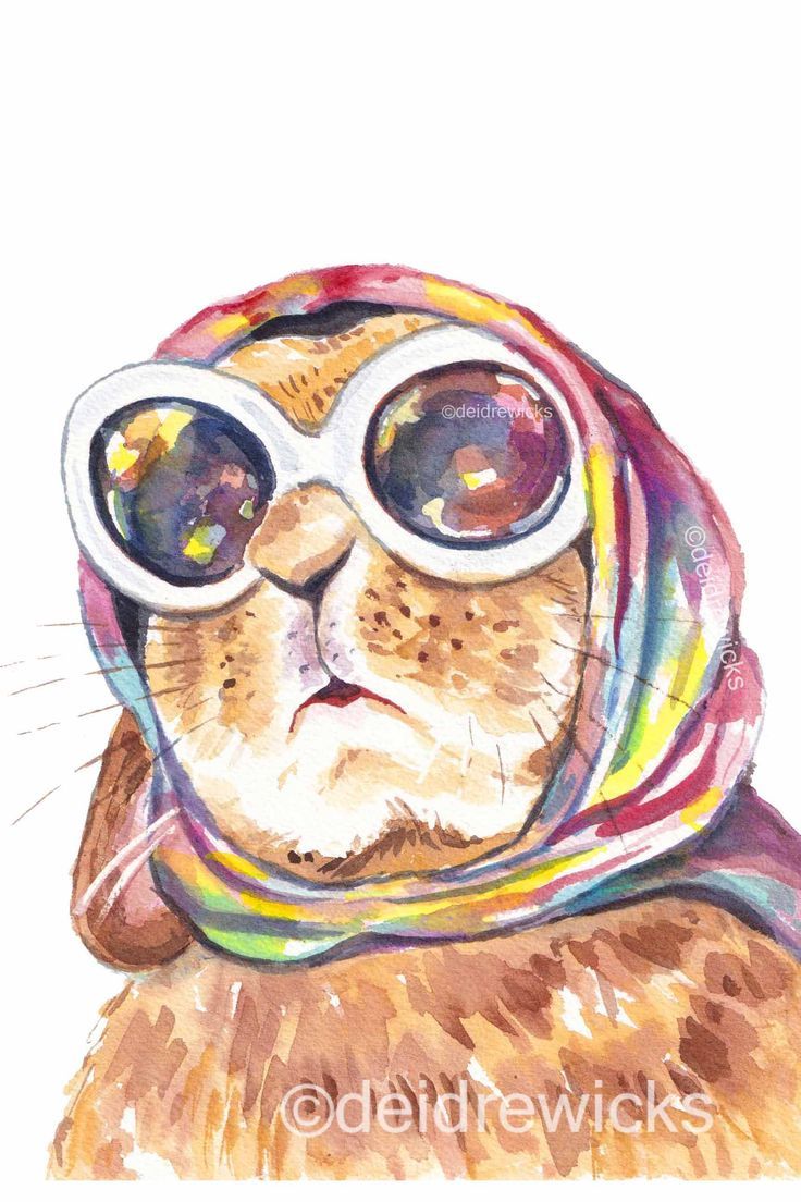 Watercolour painting of a lop eared bunny rabbit wearing a glamorous vintage head scarf and sunglasses. She's ready for a vacation! Lop Eared Rabbit, Lop Eared Bunny, Watercolor Beginner, Rabbit Art, Eclectic Art, Bunny Print, Photography Illustration, A Bunny, Vintage Scarf