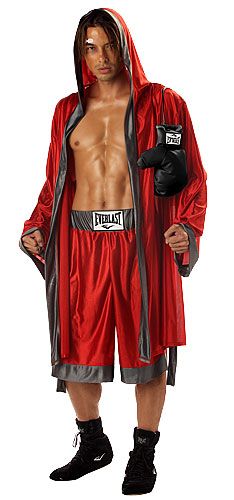 a man wearing a red robe and boxing gloves