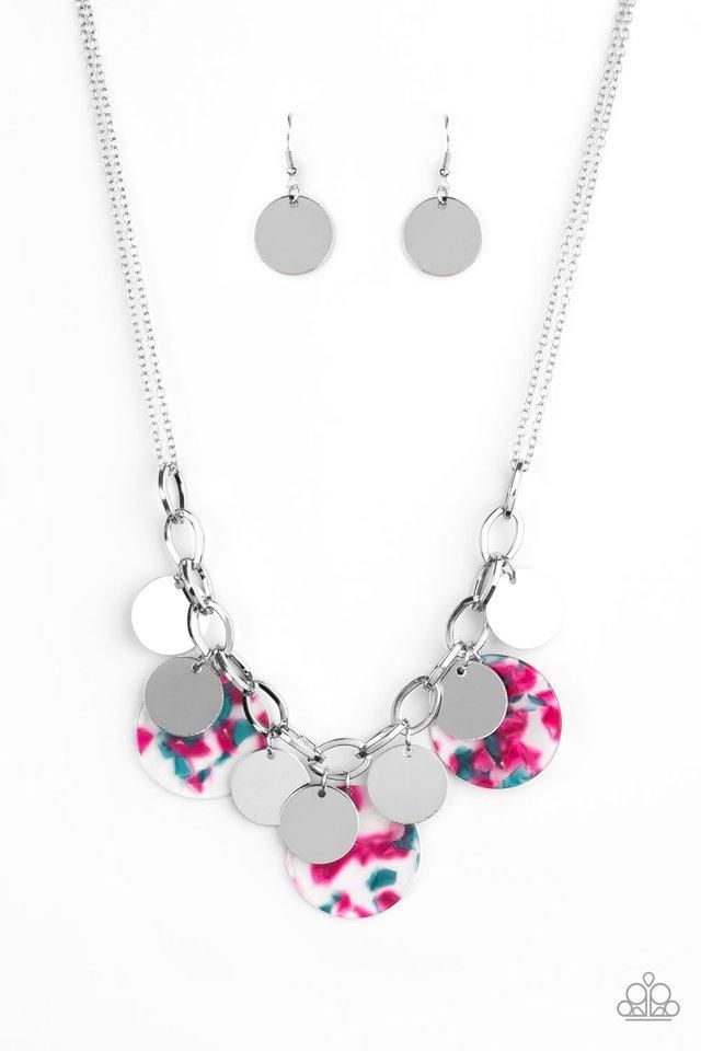 Attached to doubled silver chain, a playful collection of colorful acrylic discs and shiny silver discs swing from the bottom of a bold silver chain, creating a bubbly fringe below the collar. Features an adjustable clasp closure. Color may vary. Sold as one individual necklace. Includes one pair of matching earrings. Bedazzled Jewelry, Pink Jewels, Acrylic Necklaces, Kandy, Pink Necklace, Paparazzi Accessories, Disc Necklace, Key Pendant, Silver Bars