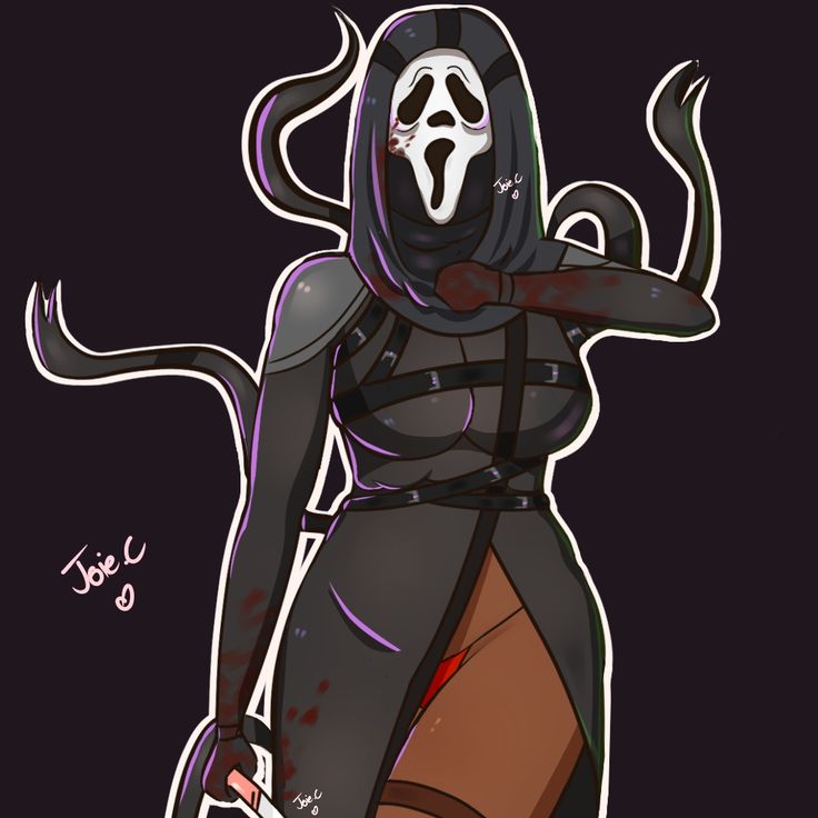 a drawing of a woman in a black outfit with a skeleton mask on her face