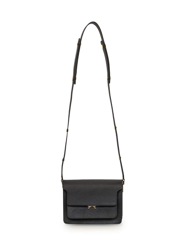 Black bag. Adjustable shoulder strap. Flap and snap closure. Four compartments. Two zip pockets.Composition: Outside: 100% Calfskin Lining: 65% Polyester, 35% Cotton | Marni Women's Trunk Medium Bag in Black | FW23/24 Marni Trunk Bag, Trunk Bag, Medium Bag, Black Bag, Medium Bags, Yoga Wear, Luxury Retail, Italian Fashion, Bridal Shoes