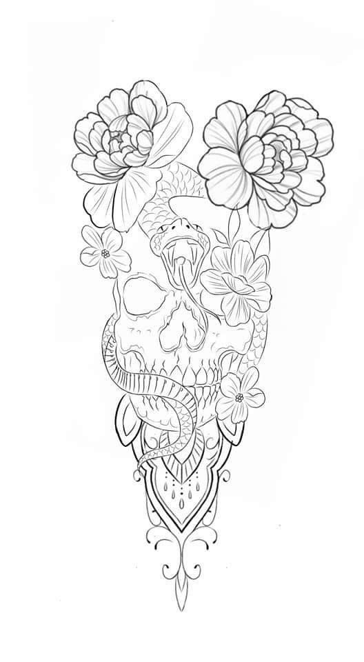 a drawing of a skull with flowers on it