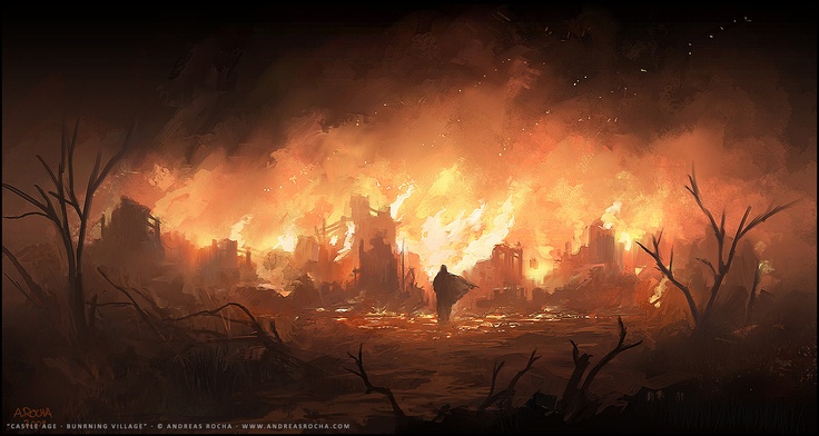 a painting of a man walking through a forest filled with burning trees and buildings in the distance