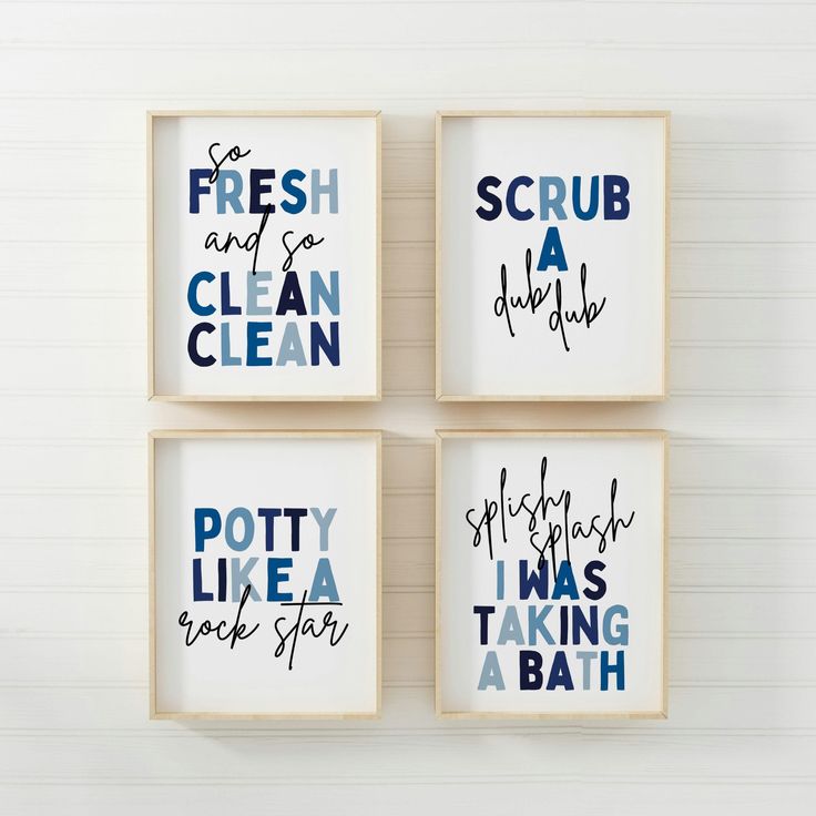 four framed art pieces with the words scrub and clean in different font styles on them