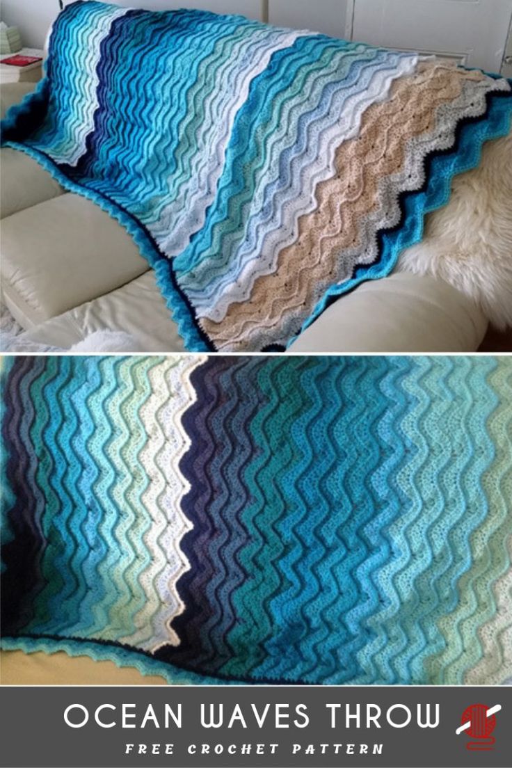 two pictures show the same blanket as they are in different stages of being crocheted