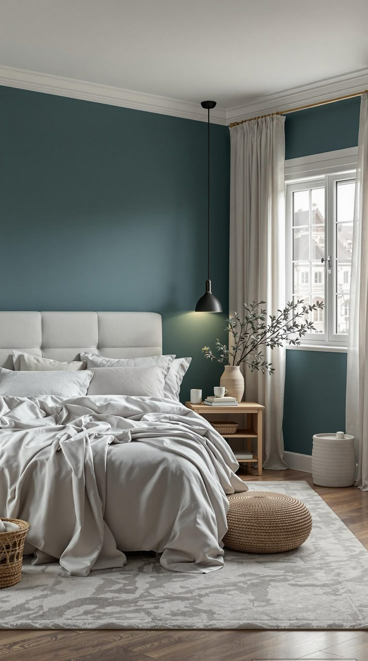 Dark Teal Bedroom Dark Teal Paint Color Bedroom, Dusty Teal Paint Color, Dark Teal Room, Bedroom With Teal Walls, Teal Wall Bedroom, Teal Bedroom Decor Ideas, Teal And Grey Bedroom, Dark Teal Walls, Comfortable Bedroom Ideas