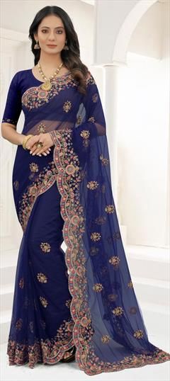 Blue color Saree in Net fabric with Embroidered, Resham, Stone, Thread, Zari work Blue Traditional Wear With Intricate Embroidery, Traditional Blue Wear With Intricate Embroidery, Festive Blue Traditional Wear With Intricate Embroidery, Blue Embroidered Saree For Party, Party Blue Embroidered Saree, Party Embroidered Blue Saree, Blue Bollywood Lehenga For Celebration, Blue Traditional Wear With Dupatta For Reception, Royal Blue Embroidered Festive Saree