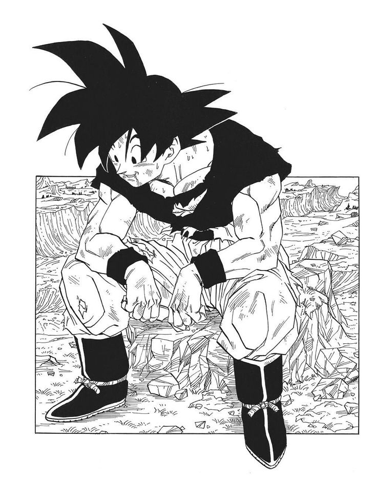 an ink drawing of gohan sitting on a bench with his hands in his pockets