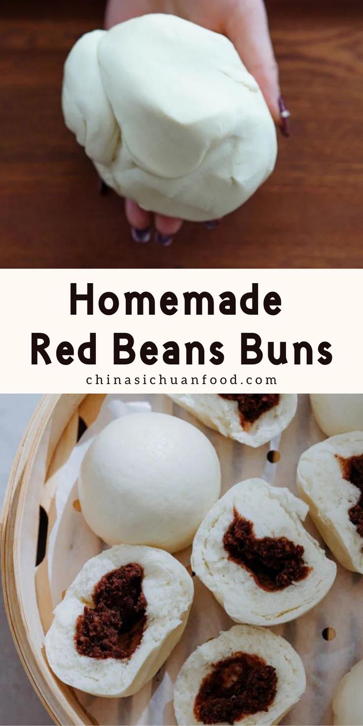 homemade red beans buns in a basket on a wooden table with text overlay