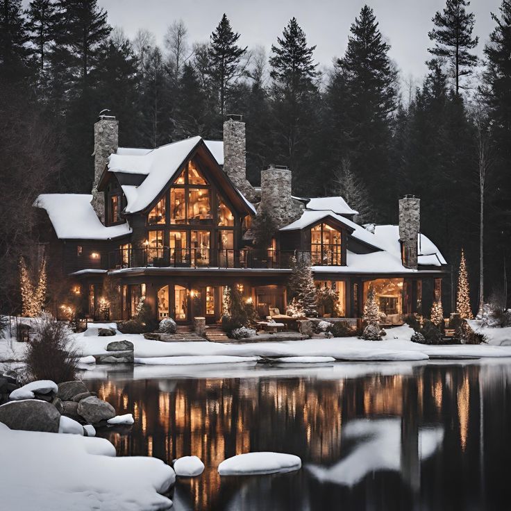 a large log home is lit up at night in the snow near a lake and trees