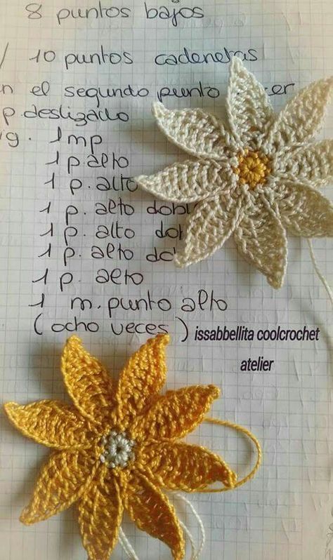 two crocheted flowers sitting on top of a piece of paper