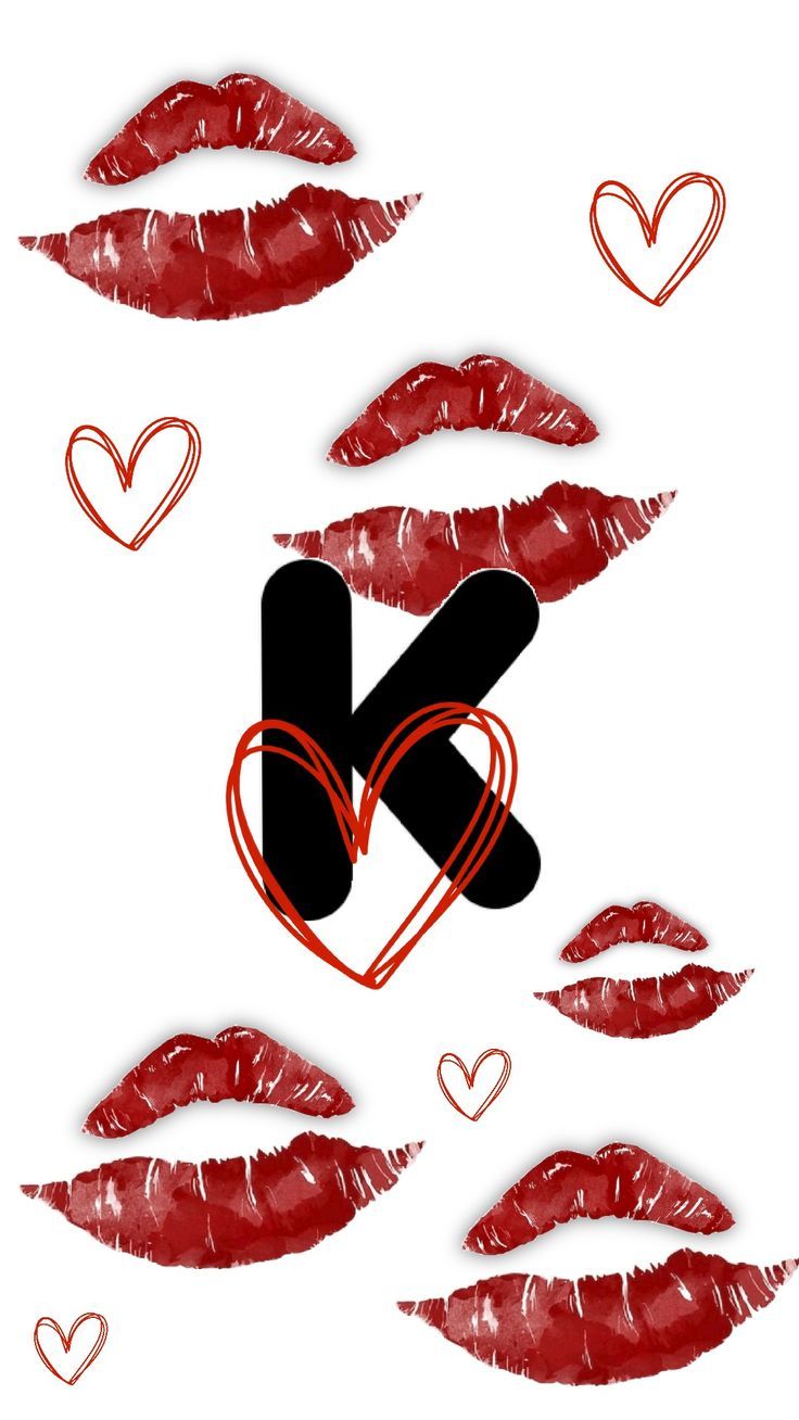 lipstick kisses with the letter k above them and hearts floating around it on a white background