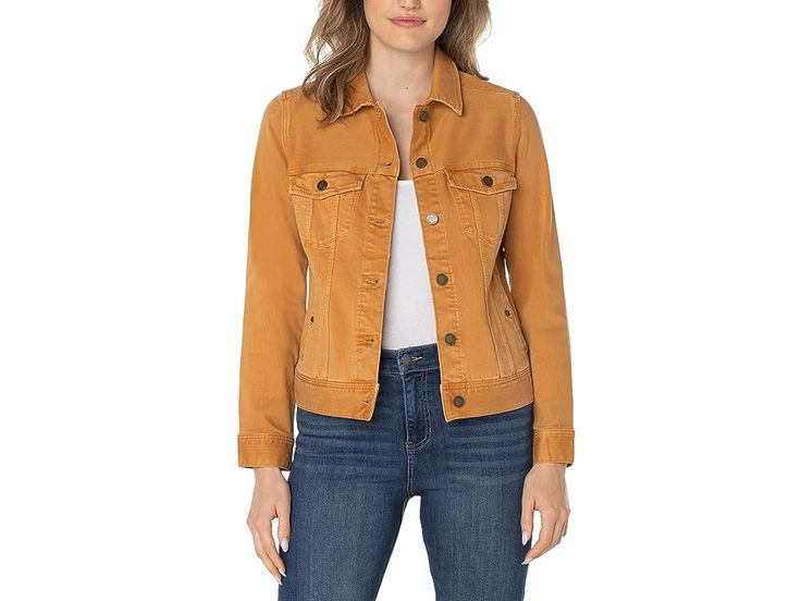 Liverpool Classic Jean Jacket - Women's Coat : Amber Dawn : The Liverpool Classic Jean Jacket has a versatile design that offers optimal stretchability as well as a sophisticated look. It features a curved back yoke detailing with two side on-seam pockets and front button-flap pockets. Spread collar and long sleeves with buttoned cuffs. Buttoned front closure. 63% cotton, 21% Lyocell, 14% polyester, 2% elastane. Machine washable. Imported. Fitted Utility Jacket With Lapel Collar And Pockets, Fitted Button-up Utility Jacket With Pockets, Fitted Outerwear With Flap Pockets For Everyday, Casual Fitted Utility Jacket With Lapel Collar, Fitted Outerwear With Patch Pockets For Everyday, Fitted Utility Jacket For Everyday Fall Wear, Fitted Utility Jacket For Everyday Fall Use, Fitted Utility Jacket With Buttoned Pockets For Workwear, Casual Fitted Single Breasted Utility Jacket