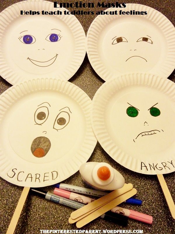 four paper plates with faces drawn on them and colored crayons next to them