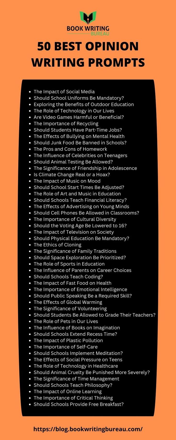 an orange book cover with the words 50 best opinion writing prompts written in black