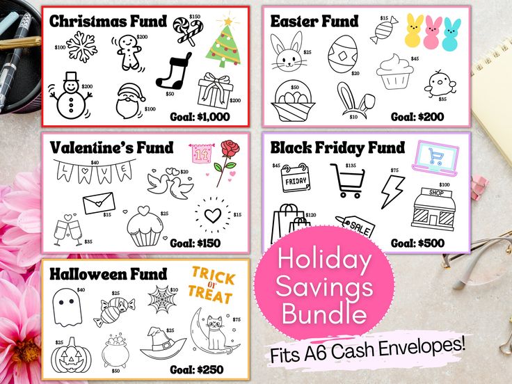 holiday savings bundle for kids with free printables and cash envelopes on the table