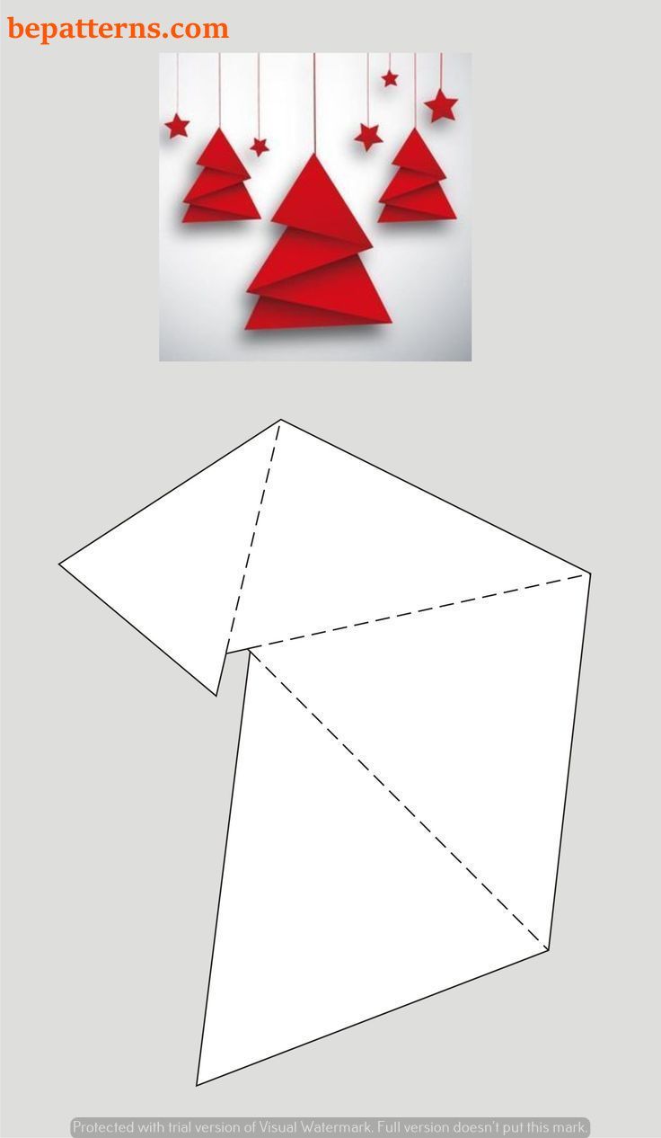 an origami christmas tree with red stars hanging from it's top and bottom