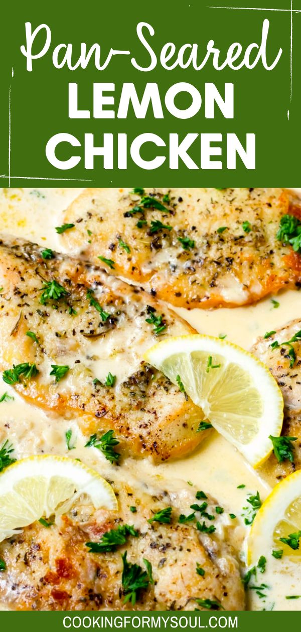 pan - seared lemon chicken with parsley on top and the title above it