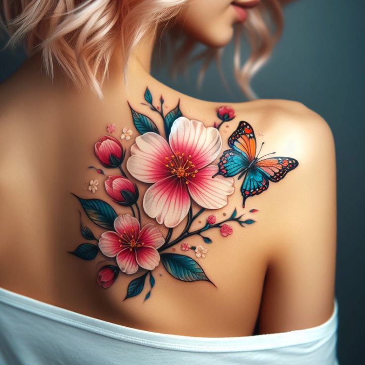 a woman's back with pink flowers and butterflies on her upper shoulder, behind which is a butterfly