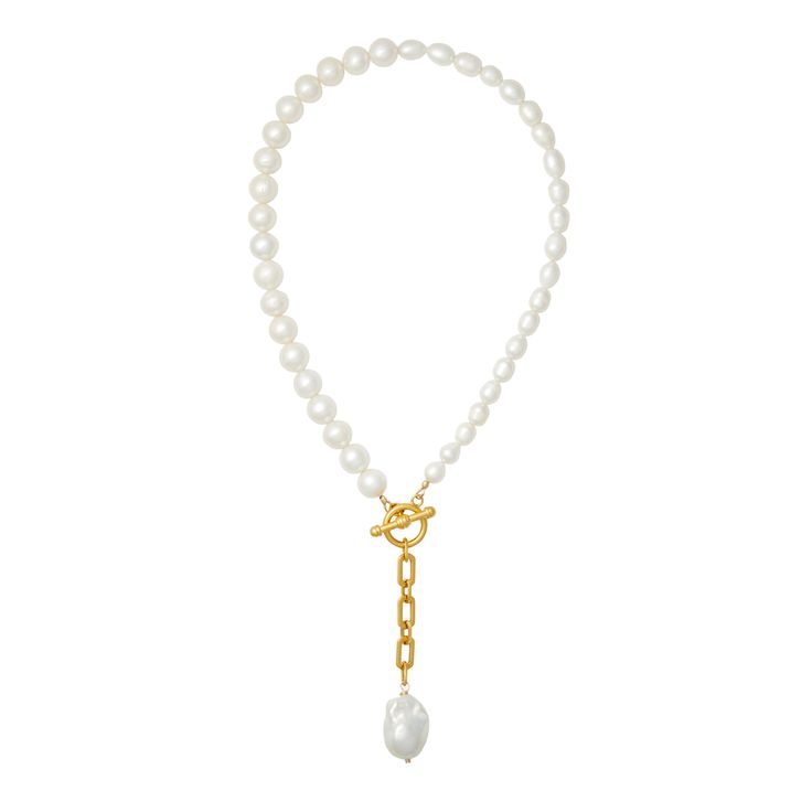 We hate to play favorites…but sometimes it's hard. So we'll just say it - this necklace is one of ours. Product details:  A strand of freshwater pearls in a variety of sizes adorned with a 24k gold plated chain and large baroque pearl drop This necklace is ~17.5" in length with a ~3.75" drop Toggle Closure Please note that no two pearls are exactly the same; they range slightly in color and size due to being natural materials - we think it adds to their beauty! All of our jewelry is made by hand, with love. Gold Plated Chains, Pearl Drop, Baroque Pearls, Charm Earrings, Accessories Shop, Anklets, Freshwater Pearls, Necklaces Bracelets, Everyday Essentials Products