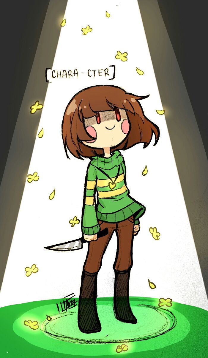 a drawing of a girl holding a knife in front of a light that reads chara - ctep