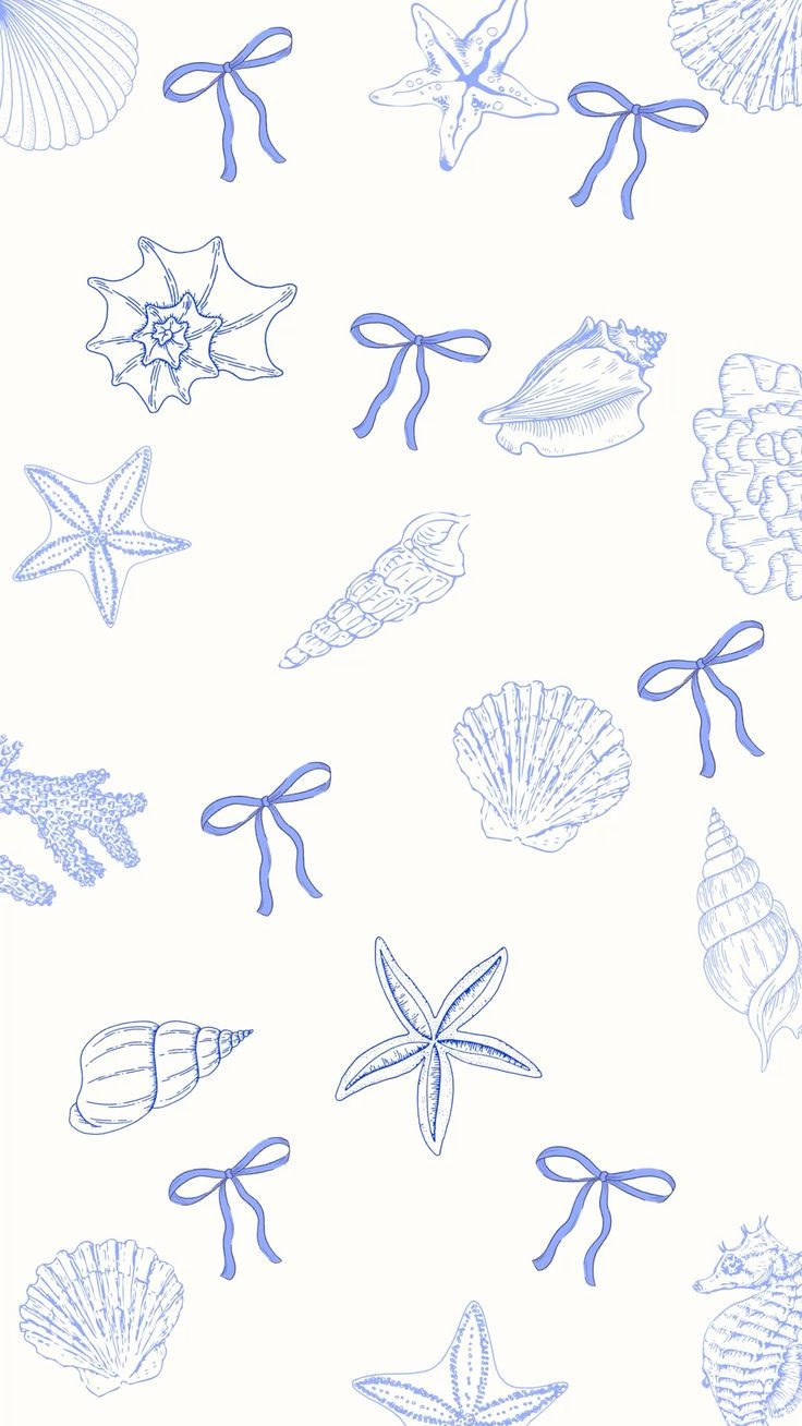 blue and white drawing of seashells with ribbons