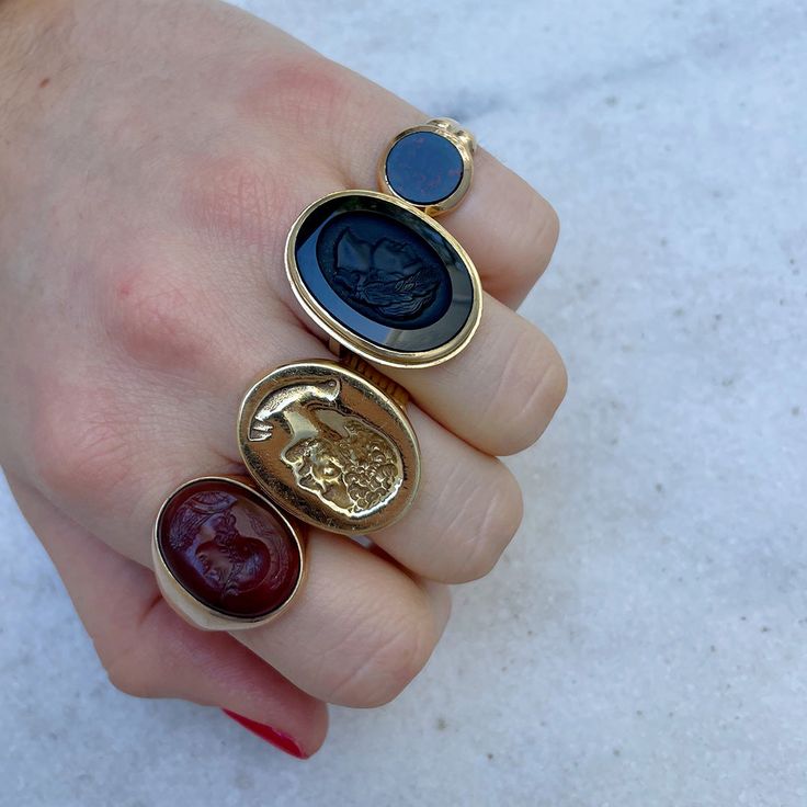 From our estate & antique collection, this Victorian-style round signet ring features a bloodstone set in an 18K yellow gold mounting with a decorative tapered shank. Ring Size: 8.5 This is a special piece of jewelry from our estate collection. We hope you will enjoy the character and imperfections that are associated with a vintage item. Victorian Ring, Victorian Style, Signet Ring, Antique Collection, Victorian Fashion, 18k Gold, Vintage Items, Ring Size, Im Not Perfect