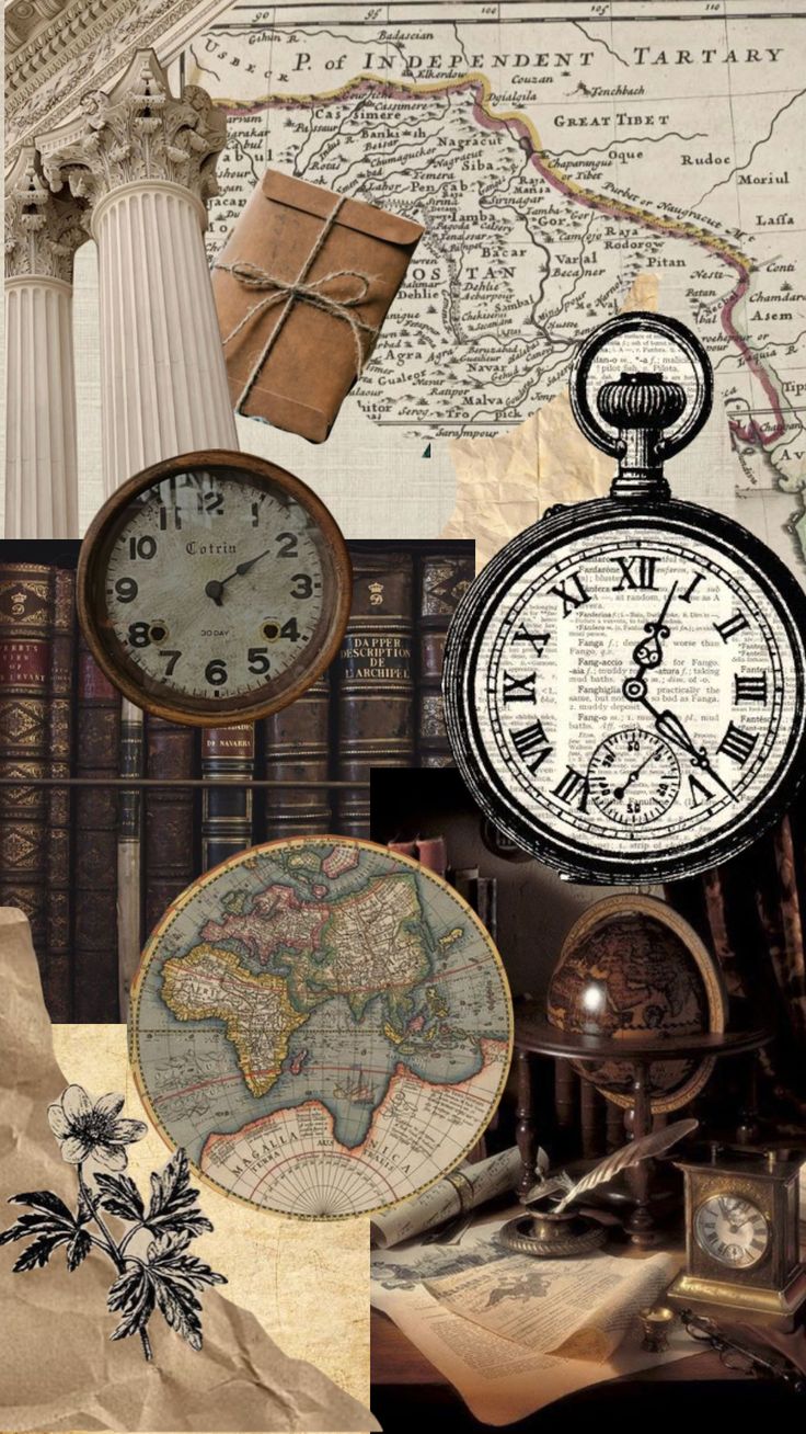 a collage of clocks, books and other items on a table with a map in the background